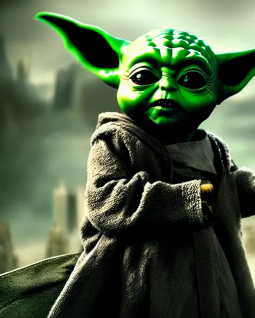 Image similar to epic action still of baby yoda wearing batman outfit as batman in the style of batman the dark knight rises