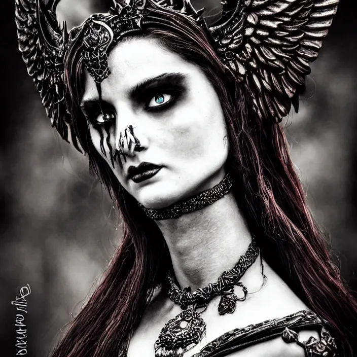 Prompt: perfectly centered close up portrait, candid photography, goddess of death, by anne stokes, updo, highly detailed