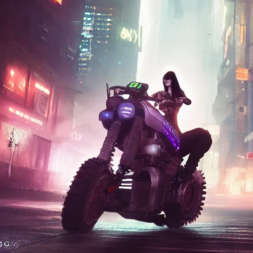 Image similar to ghostpunk woman riding a cyberpunk futuristic motorcycle in the city by eddie mendoza and greg rutkowsi, foggy, dark, moody, volumetric lighting, dirty