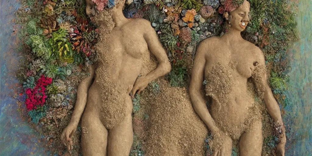 Prompt: a full body sculpture portrait made of sand and bubbles and plants and flowers, painting part by wojciech siudmak, part by ilya repin, part by max ernst, part by norman rockwell, artstation