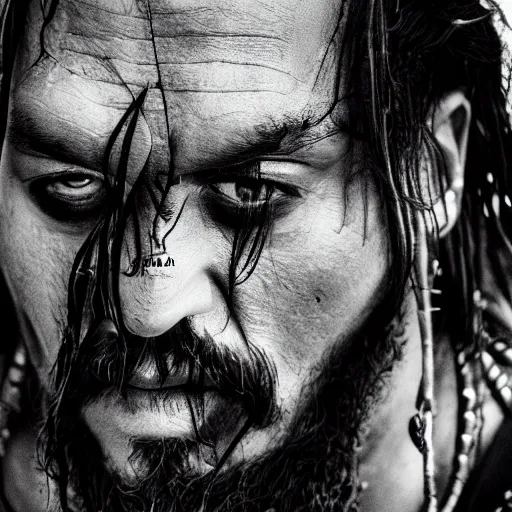 Image similar to portrait of johnny depp as khal drogo from games of thrones, mascular, symmetrical, nikon 3 5 mm photography, ultrarealistic