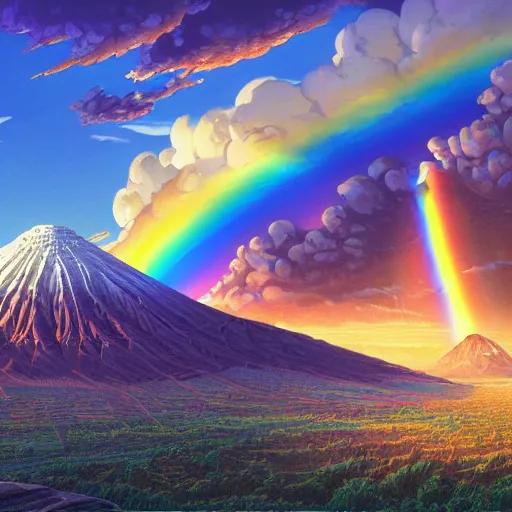 Image similar to a detailed matte painting of noah's ark, double rainbow in a clear blue sky, mount ararat, art by dan mumford and yusuke murata and makoto shinkai and ross tran, cosmic, heavenly, god rays, intricate detail, cinematic, 8 k, cel shaded, unreal engine, featured on artstation, pixiv