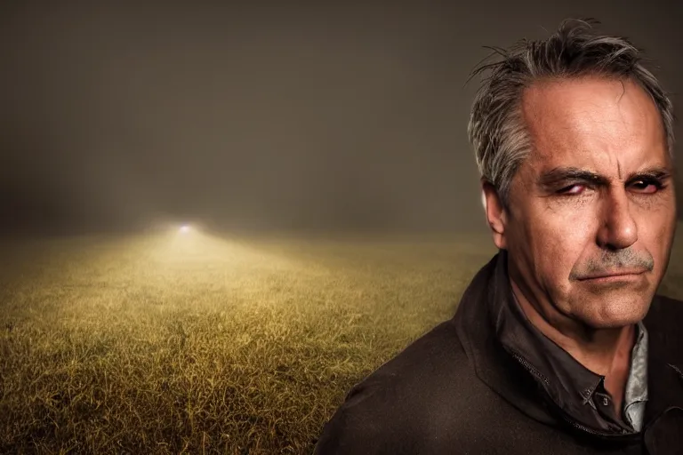 Prompt: a cinematic headshot portrait of an emotional middle aged male stood in a fog filled field, a cars headlights shines in the distance, perfectly lit face, ultra realistic, depth, beautiful lighting