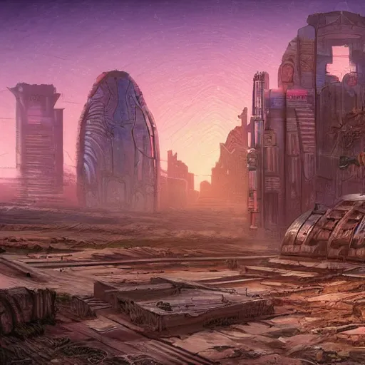 Prompt: ancient ruins in the desert,cyberpunk,retrowave art,trending on art station