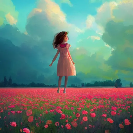 Prompt: rose face, girl floating in a flower field, surreal photography, sunrise dramatic light, impressionist painting, colorful clouds, digital painting, artstation, simon stalenhag