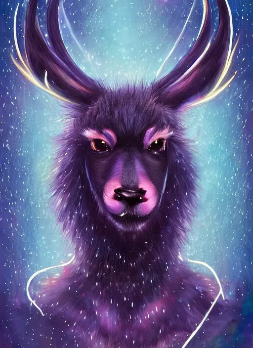 Image similar to award winning beautiful portrait commission of a male furry anthro Black Reindeer fursona with a tail, wings, wings, wings and a cute beautiful attractive detailed furry face wearing stylish black and rainbow galaxy clothes, outline, in a city at night while it rains. Character design by charlie bowater, ross tran, artgerm, and makoto shinkai, detailed, inked, western comic book art