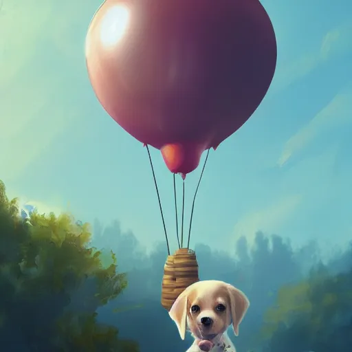 Image similar to puppy high in the air holding balloons, 8k, fantasy, intricate, cinematic lighting, highly detailed, digital painting, artstation, concept art, smooth, sharp focus, illustration, by Pixar
