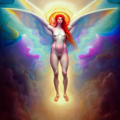 Image similar to psychedelic angelic celestial being artwork of peter mohrbacher, by henry fuseli, ayahuasca, energy body, sacred geometry, esoteric art, rainbow colors, divinity