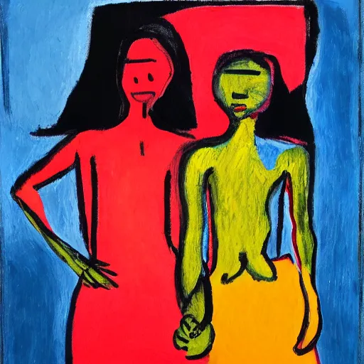 Prompt: two girls holding hands watching the world burn with fire, done in the style of matisse, caravaggio, basquiat, akseli gallen kallela, picasso, rothko, highly detailed, 4 k