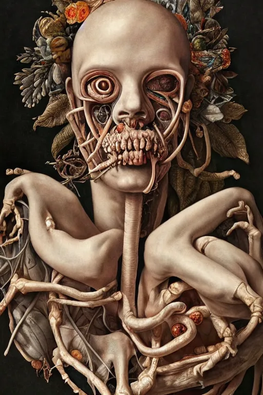 Image similar to Detailed maximalist portrait of a greek god with large lips and eyes, scared expression, botanical anatomy, skeletal with extra flesh, HD mixed media, 3D collage, highly detailed and intricate, surreal illustration in the style of Jenny Saville, dark art, baroque, centred in image