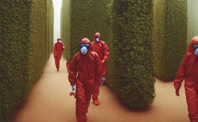 Prompt: cinestill 5 0 d photographic portrait by helen levitt of evil hazmat scientists walking through a brutalist hedge maze, extreme closeup, cinematic, modern cyberpunk, dust storm, 8 k, hd, high resolution, 3 5 mm, f / 3 2