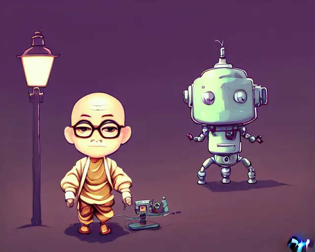 Prompt: cell shaded cartoon of an adorable nerdy chibi monk with a robot head and glasses on a country road, street lamps, subtle colors, post grunge, concept art by josan gonzales and wlop, by james jean, victo ngai, david rubin, mike mignola, deviantart, art by artgem