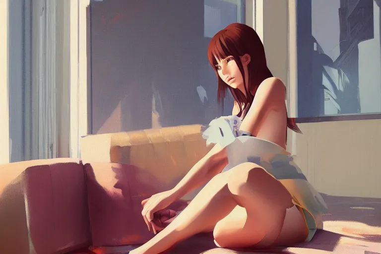 Prompt: A ultradetailed beautiful portrait panting of a stylish girl sitting in a messy modern apartment, bright sunny day, Oil painting, by Ilya Kuvshinov, Greg Rutkowski and Makoto Shinkai