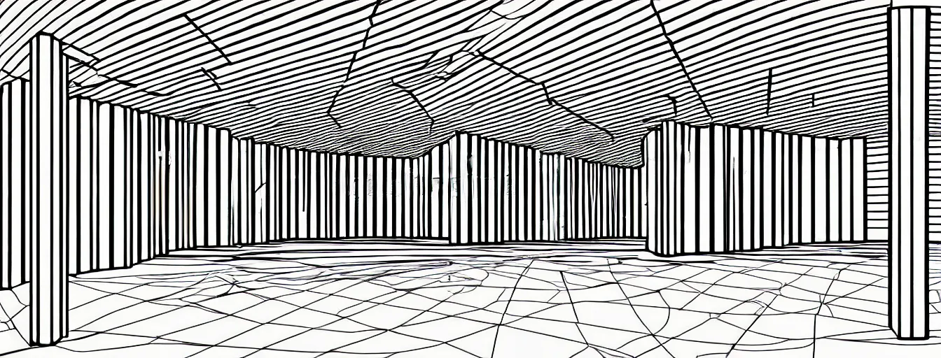 Prompt: futuristic black and white perspective illustration of a room inside a brutalist building, fisheye view concrete hangar inside, minimal technical drawing
