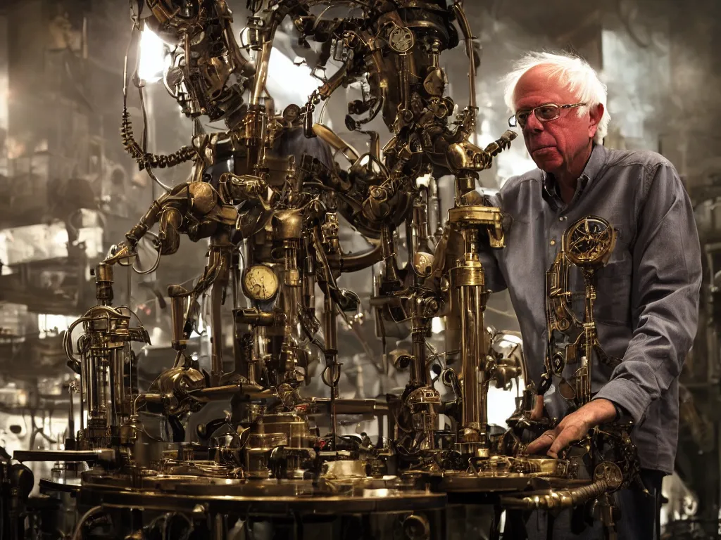 Image similar to bernie sanders building a steampunk clockwork doomsday robot, cinematic moody lighting, sharp focus, dirty laboratory, imax