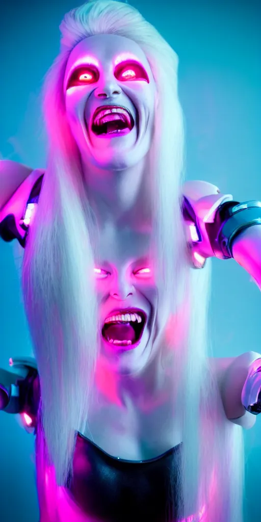 Prompt: high quality photo close-up of gothic cyborg woman laughing with white hair and pearlescent blue skin key sage wayne barlowe very soft pink neon lighting on one side wide angle 35mm shallow depth of field 8k