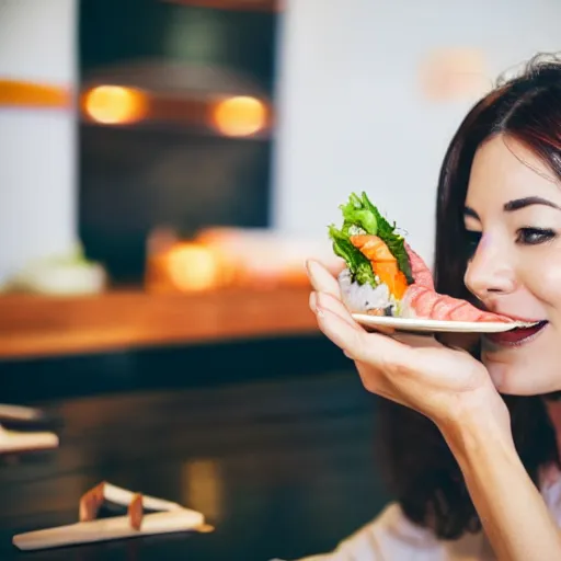 Prompt: woman eating sushi and enjoying it