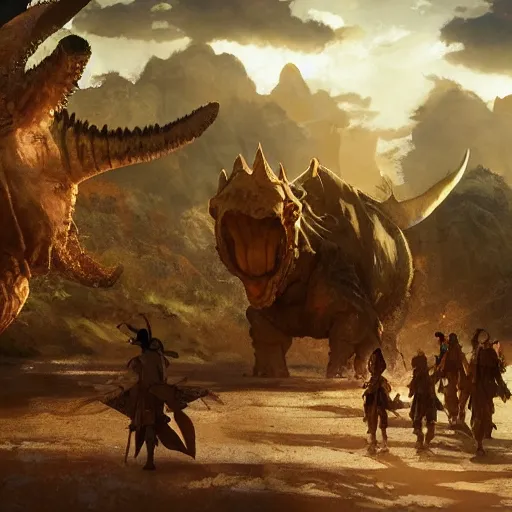 Prompt: the expedition with explores, warriors and adventurers, being brought by gigantic triceratops, the desert of duhnes medium shot, studio ghibli animation, anime key art by craig mullins, bloom, dramatic lighting