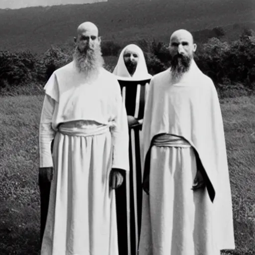 Image similar to super tall breton monks with short village ritualist pagan woman looking like rasputin