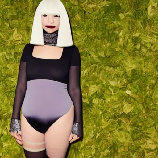 Image similar to sia furler wearing a skin colored leotard full body artistic photoshoot