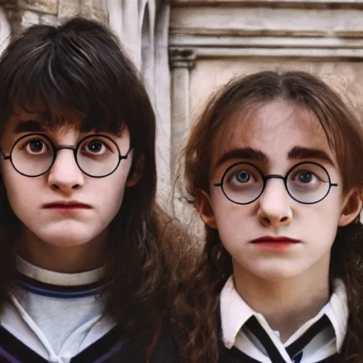 Image similar to Harry Potter and Hermione in Venice, symmetrical face, beautiful eyes, instagram photo, 4k, 8k