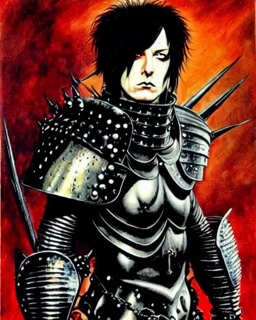 Prompt: portrait of a skinny goth punk keany reeves wearing armor by simon bisley, john blance, frank frazetta