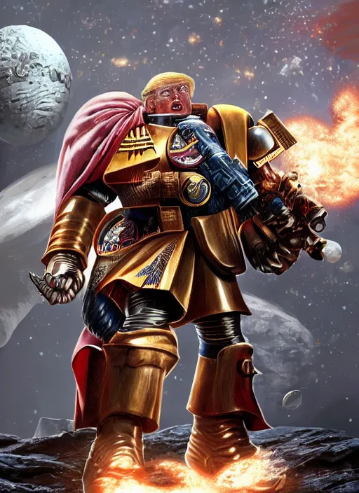 Image similar to donald trump is a space marine, hyper detailed, digital art, trending in artstation, cinematic lighting, studio quality, smooth render, unreal engine 5 rendered, octane rendered