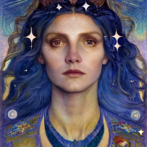 Image similar to queen of the moon with stars in her hair, by annie swynnerton and tino rodriguez and nicholas roerich and jean delville and donato giancola and tom bagshaw and evelyn demorgan and diego rivera, dramatic lighting, god rays, geometric tattoos, rich colors, smooth sharp focus, extremely detailed, adolf wolfli