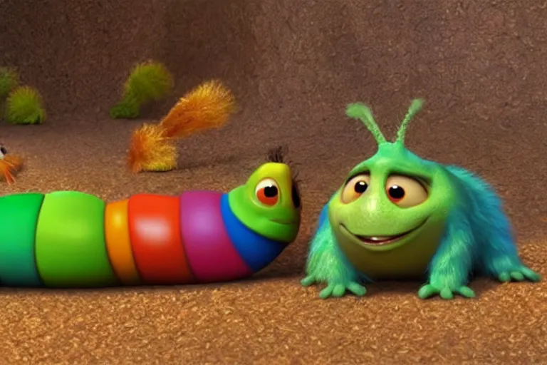 Image similar to disney pixar's a bug's life, cgi caterpillar colorful, furry caterpillar