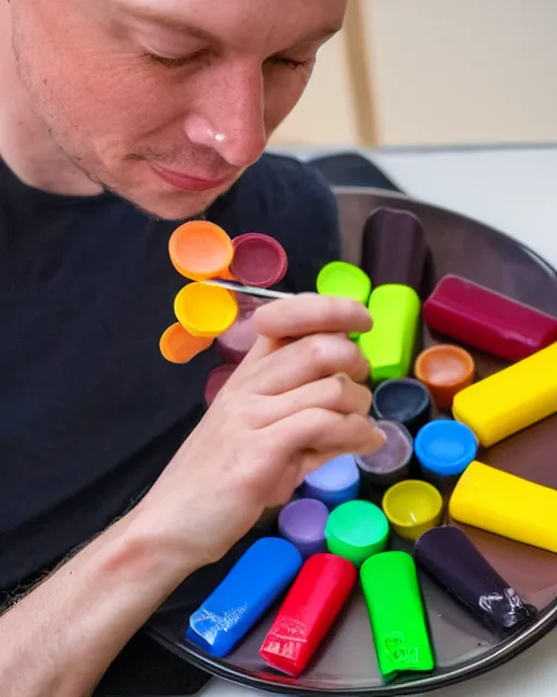 Prompt: a man eating crayons with a fork, box of wax pastels, elon musk, 4 k, high quality, crayons served on a plate