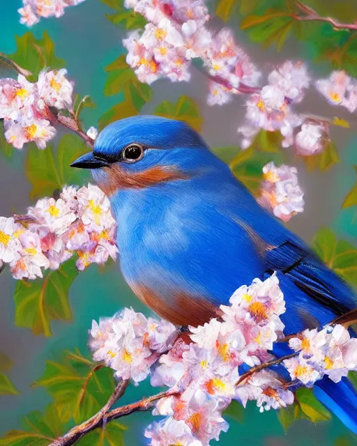 Prompt: A hyper realistic oil painting of a bluebird sitting on a branch, blooming flowers on the branch, vibrant high contrast colors, cinematic lighting