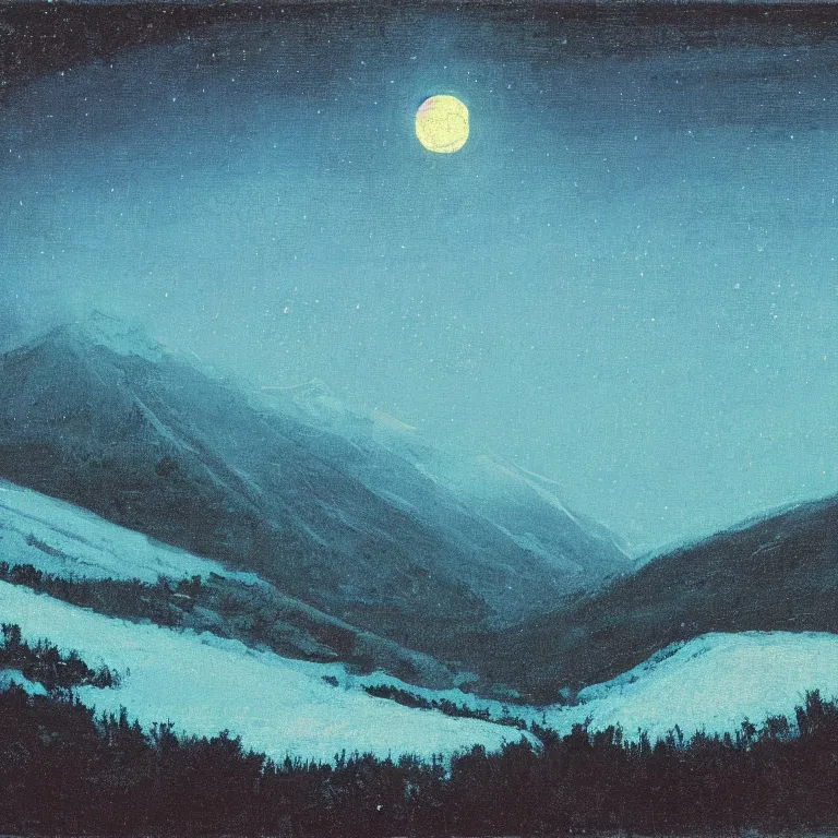 Prompt: new hampshire, mountains, winter, night, moon light, luminous, teal palette, arkhip kuindzhi, glaze oil painting