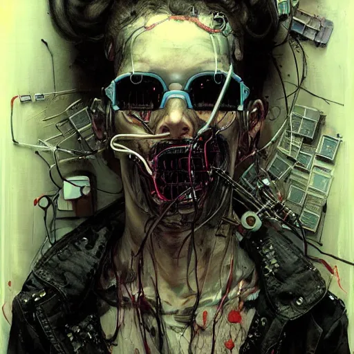 Image similar to in a dark room, a male cyberpunk hacker, skulls, wires cybernetic implants, machine noir steelpunk grimcore, in the style of adrian ghenie esao andrews jenny saville surrealism dark art by james jean takato yamamoto and by ashley wood