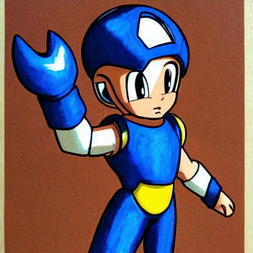 Prompt: Megaman as a 1980s realistic drawing