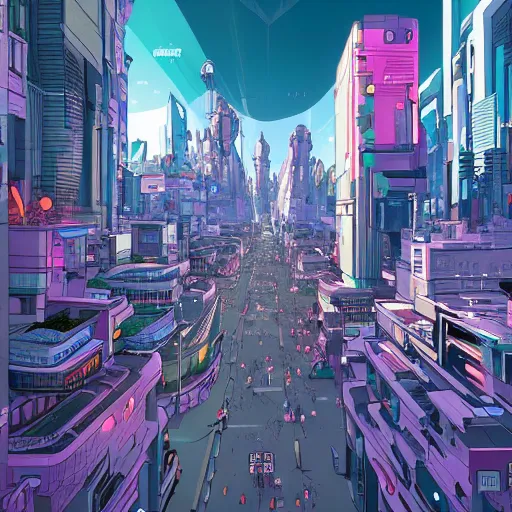 Image similar to busy street in the city of the future, wide shot, by josan gonzalez