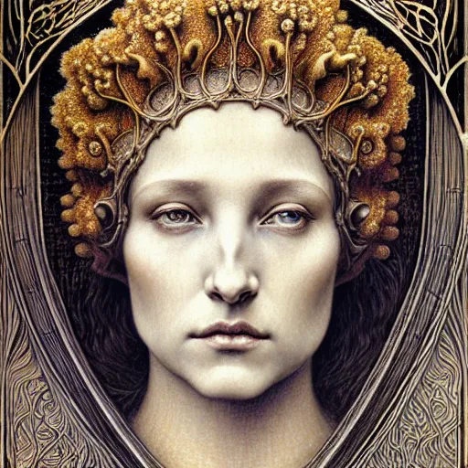 Image similar to detailed realistic beautiful young medieval queen face portrait by jean delville, gustave dore, iris van herpen and marco mazzoni, art forms of nature by ernst haeckel, art nouveau, symbolist, visionary, gothic, pre - raphaelite, horizontal symmetry