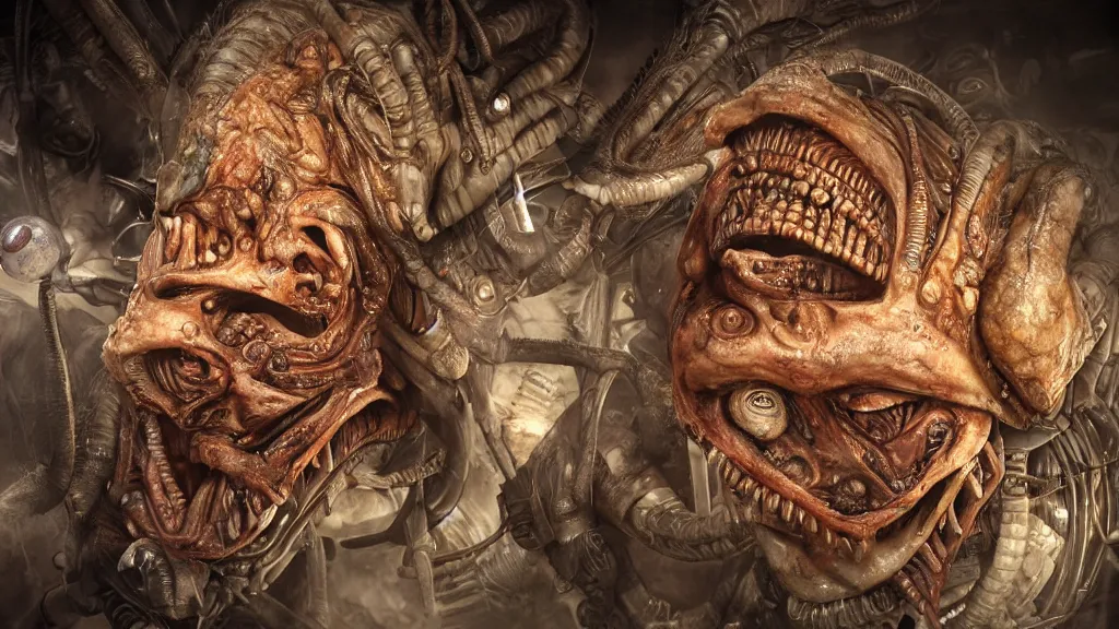 Prompt: aliens brainsuckers eat brains of aztecs in a restaurant, perfect faces, fine details, studio lighting,, subtle shadows, art by katsuya terada, photorealism, hyper realism, octane render, hyper detailed, medium shot, 8 k, raw, unedited, in - frame,