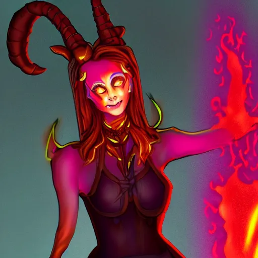 Prompt: A portrait of a tiefling woman made out out translucent fire that looks kind of like a lava lamp. She has curving horns, blank eyes and a cute smile. Her clothes are totally mall goth. 4k