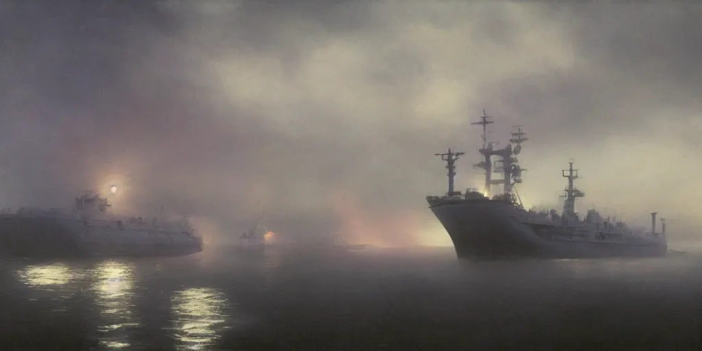 Prompt: epic huge soviet warship in arctic, no frame, foggy, volumetric lighting, epic blue glow, by greg rutkowsky, shishkin and aivazovsky