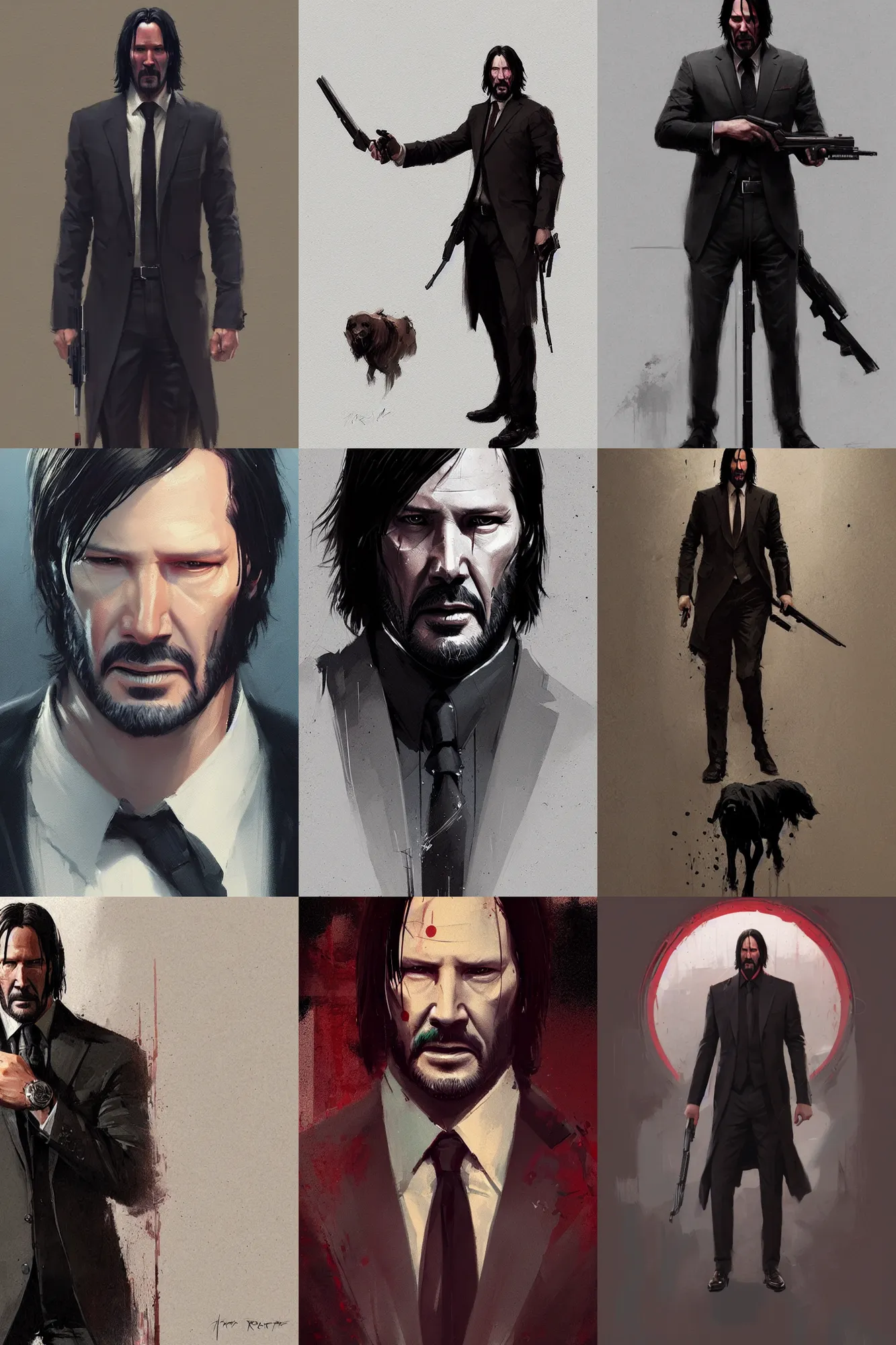 Prompt: full length portrait of john wick by greg rutkowski, highly detailed, portrait, scifi, digital painting, artstation, concept art, smooth, sharp focc