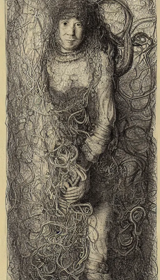Prompt: very detailed portrait of a 2 0 years old girl surrounded by tentacles, the youg woman visage is blooming from fractal and vines, by rembrandt