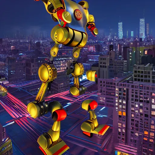 Prompt: Gigantic tin toy robot destroying new york at night, volumetric lighting, low angle looking up, unreal engine, H 1280