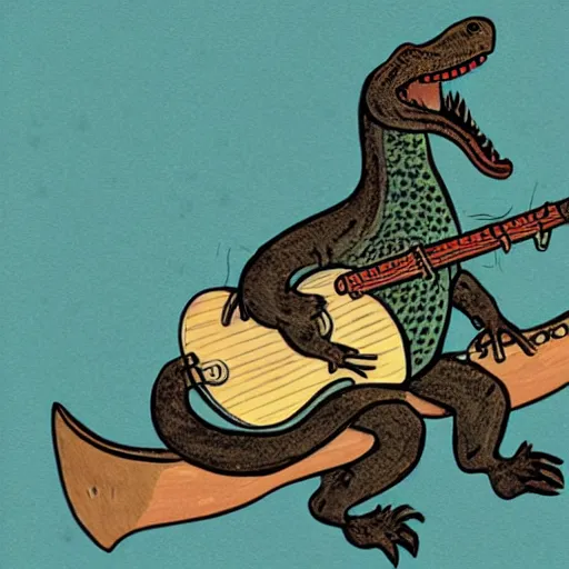 Prompt: a vintage illustration of an alligator playing a banjo