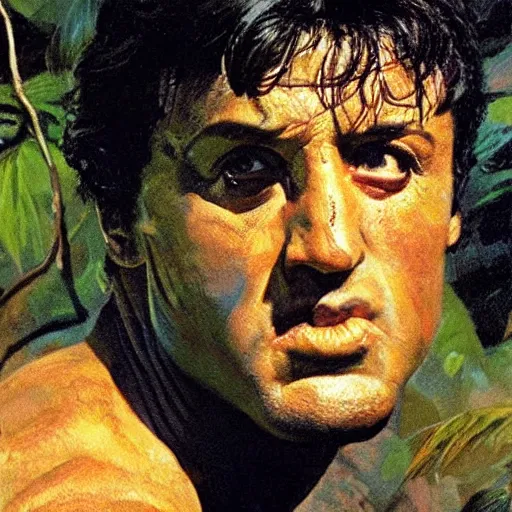 Prompt: color portrait of sylvester stallone in the jungle by frank frazetta, likeness ! asthetic ! detail ! identity preserved