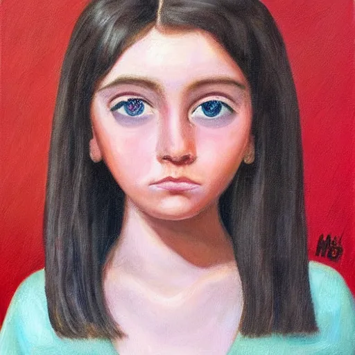 Image similar to taco girl with sad eyes. oil on canvas painting by margaret keane.