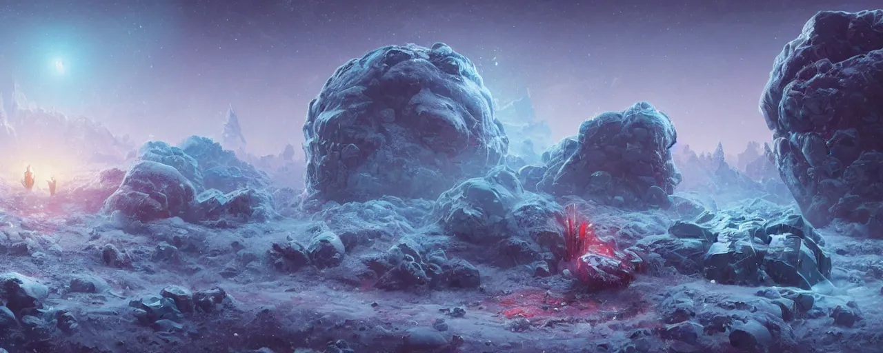 Image similar to lone explorer outer planet covered with ice, art by paul lehr, cinematic, detailed, epic, widescreen, opening, establishing, matte painting, photorealistic, realistic textures, octane render