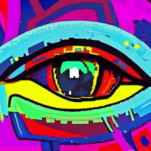 Image similar to characterized by bright garish, high chroma color, heavily pixelated, like bad computer painting app, like MacPaint or MS Paint, visually violent, Abstract collages of random images and random shapes and random cropping, It's eye catching and it's attention grabbing