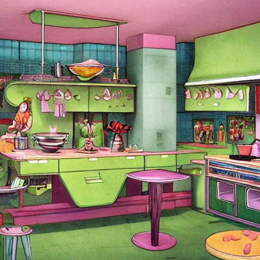 Prompt: cannabis lab cafe colorful whimsical fantasy kitchen by rembrant, battle angel alita, ralph mcquarrie, chiho aoshima