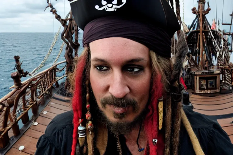 Prompt: closeup movie pirate on a pirate ship, by emmanuel lubezki