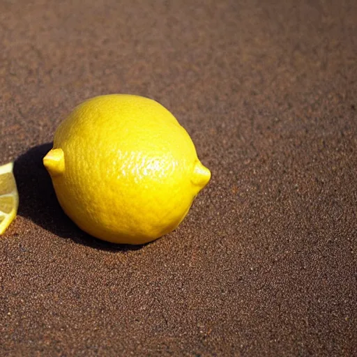 Prompt: a lemon in shape of a human with legs of lemons and round body, arms of lemons, relaxing on a beach, very realistic, high quality, volumetric light